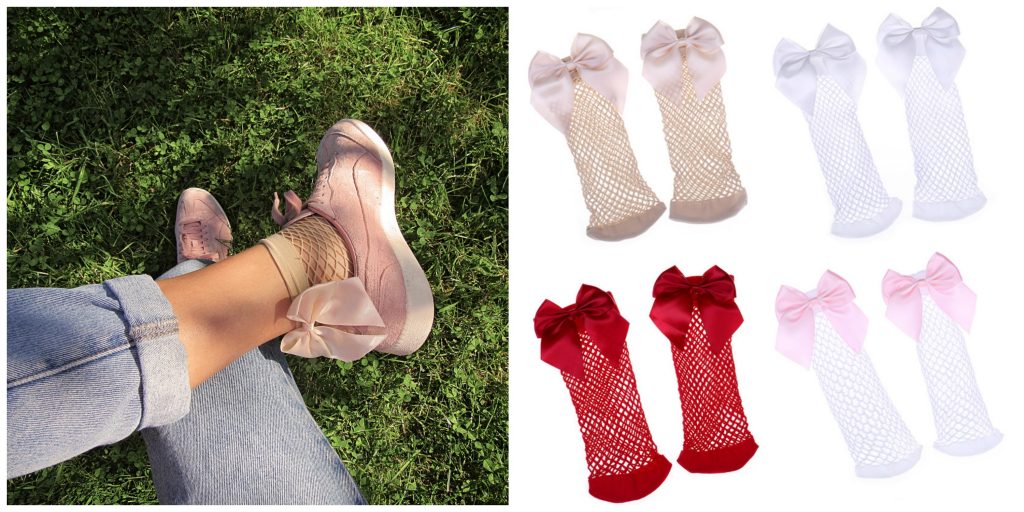 Chic Women's Harajuku Breathable White Bow knot Fishnet Socks.Sexy Hollow out Mesh Nets Socks Ladies Girl's Lolita Style Bow Sox